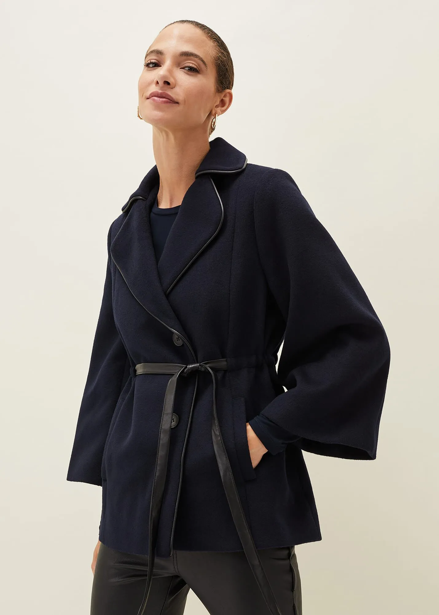 Anna Faux Leather Trim Wool Cape Coat