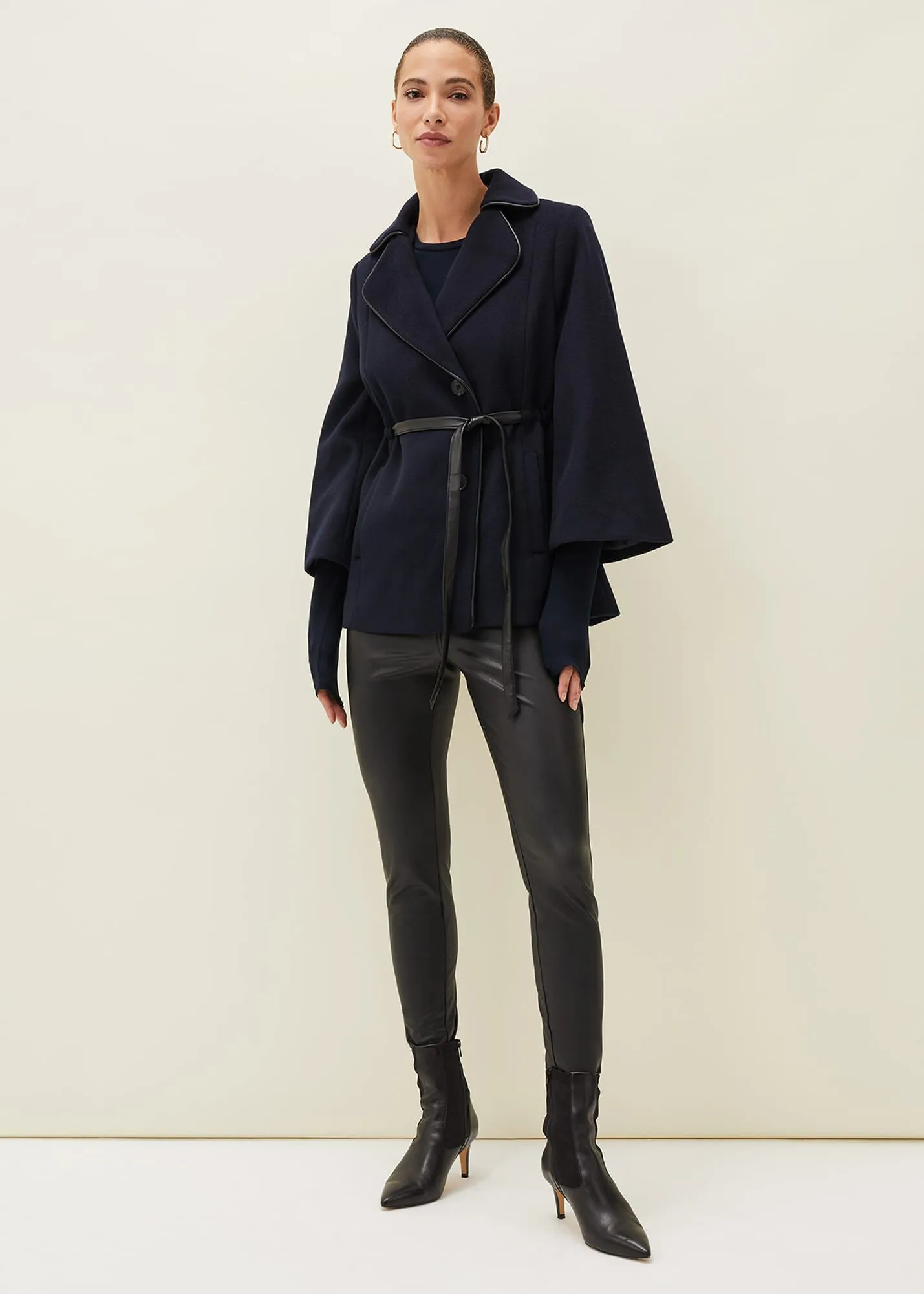 Anna Faux Leather Trim Wool Cape Coat