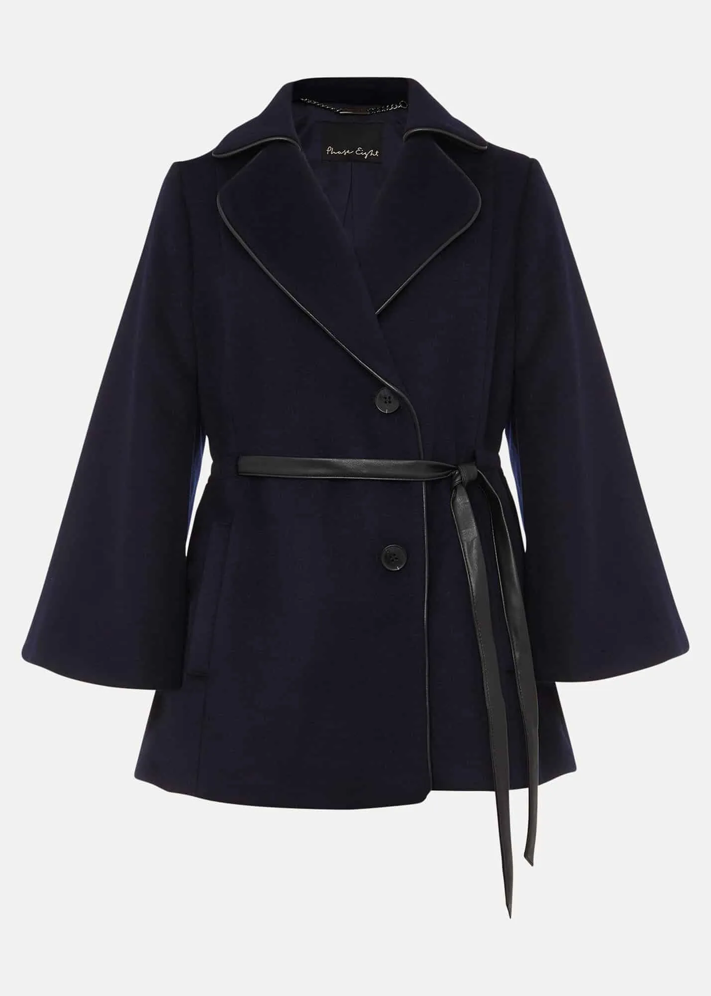 Anna Faux Leather Trim Wool Cape Coat