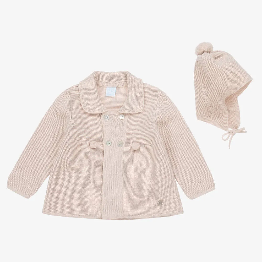 Beige Knitted Baby Coat & Hat Set