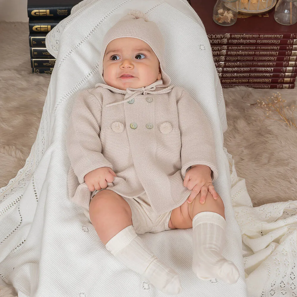 Beige Knitted Baby Coat & Hat Set