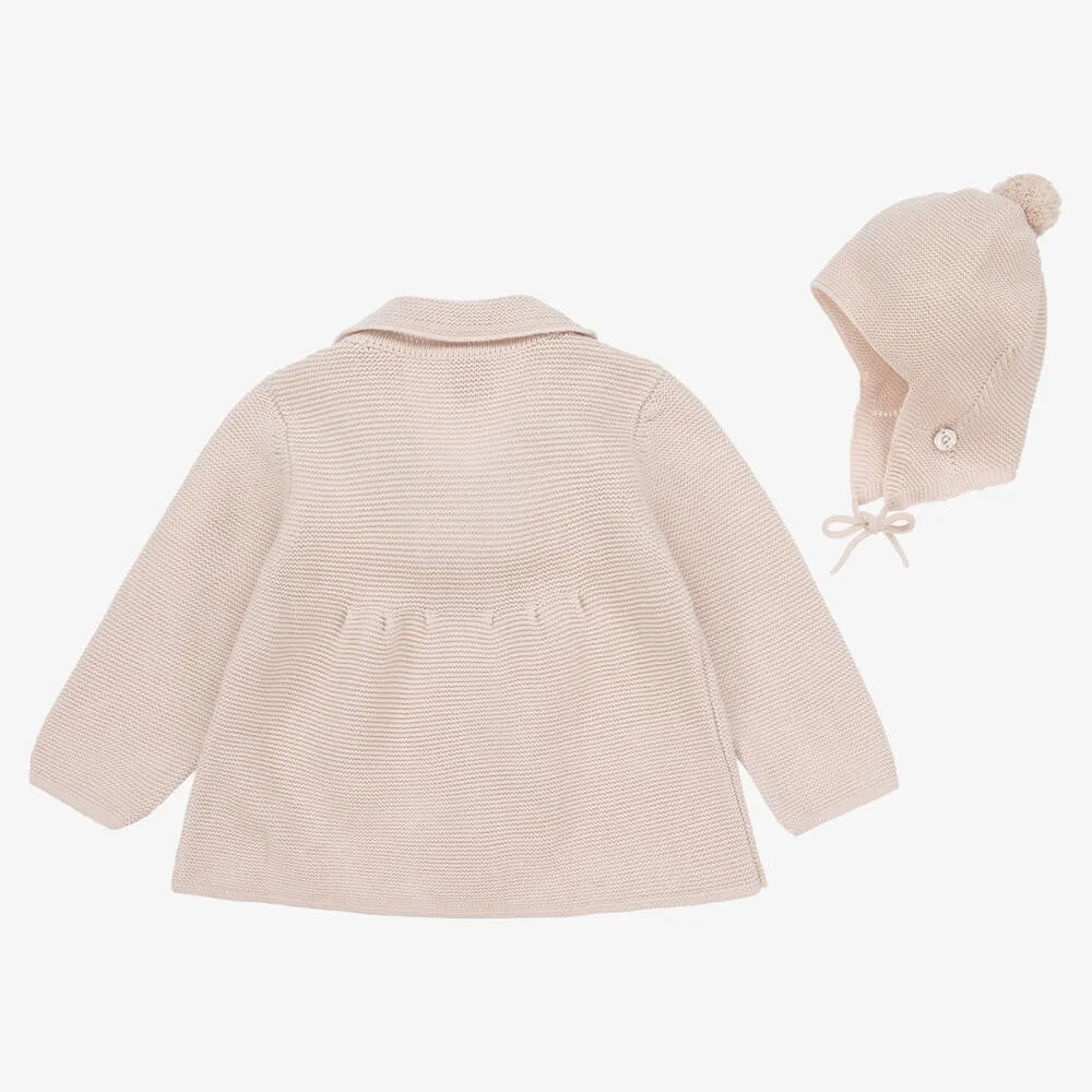 Beige Knitted Baby Coat & Hat Set