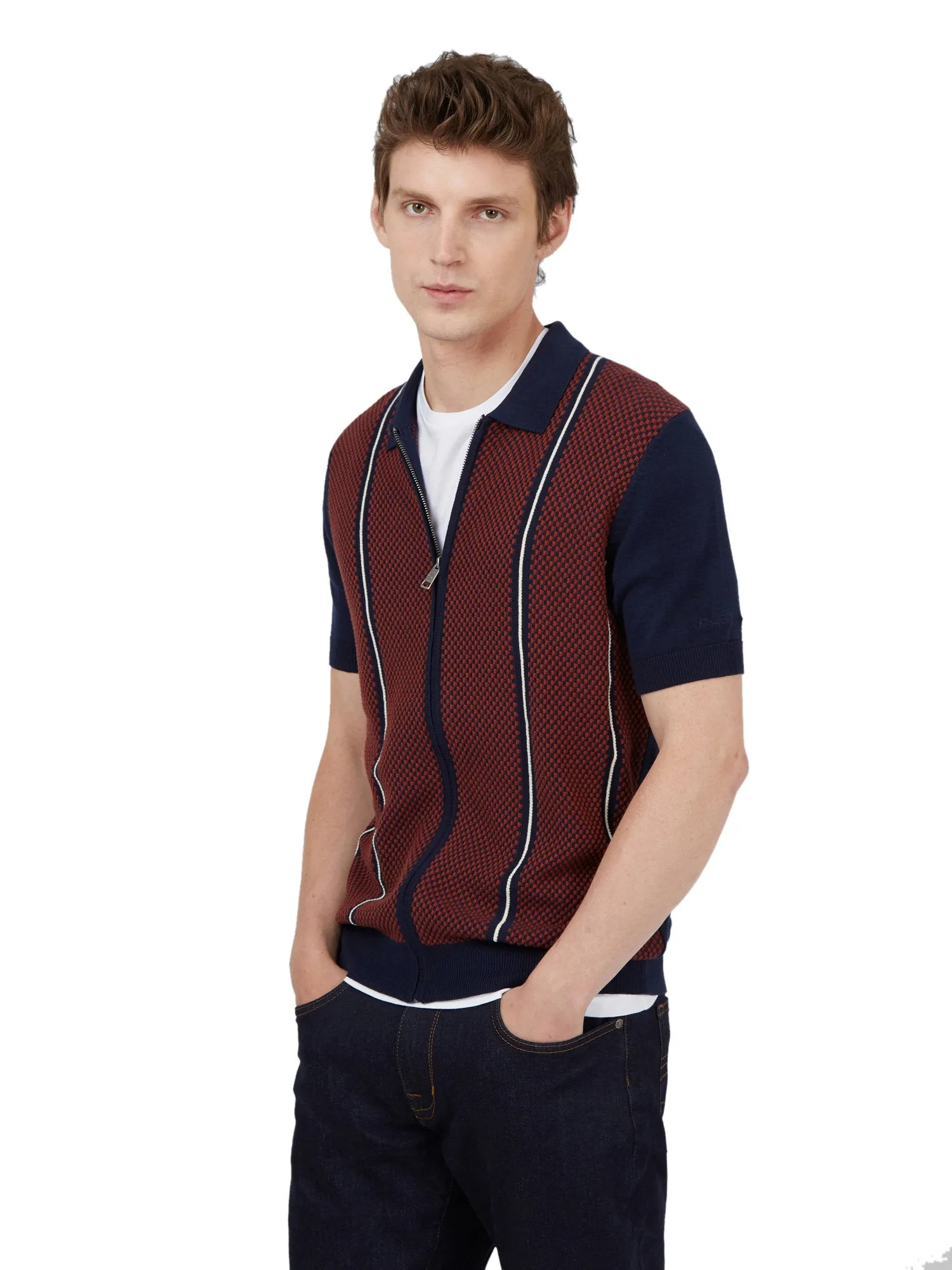 Ben Sherman Mens Knit Jacquard Zip Polo Shirt