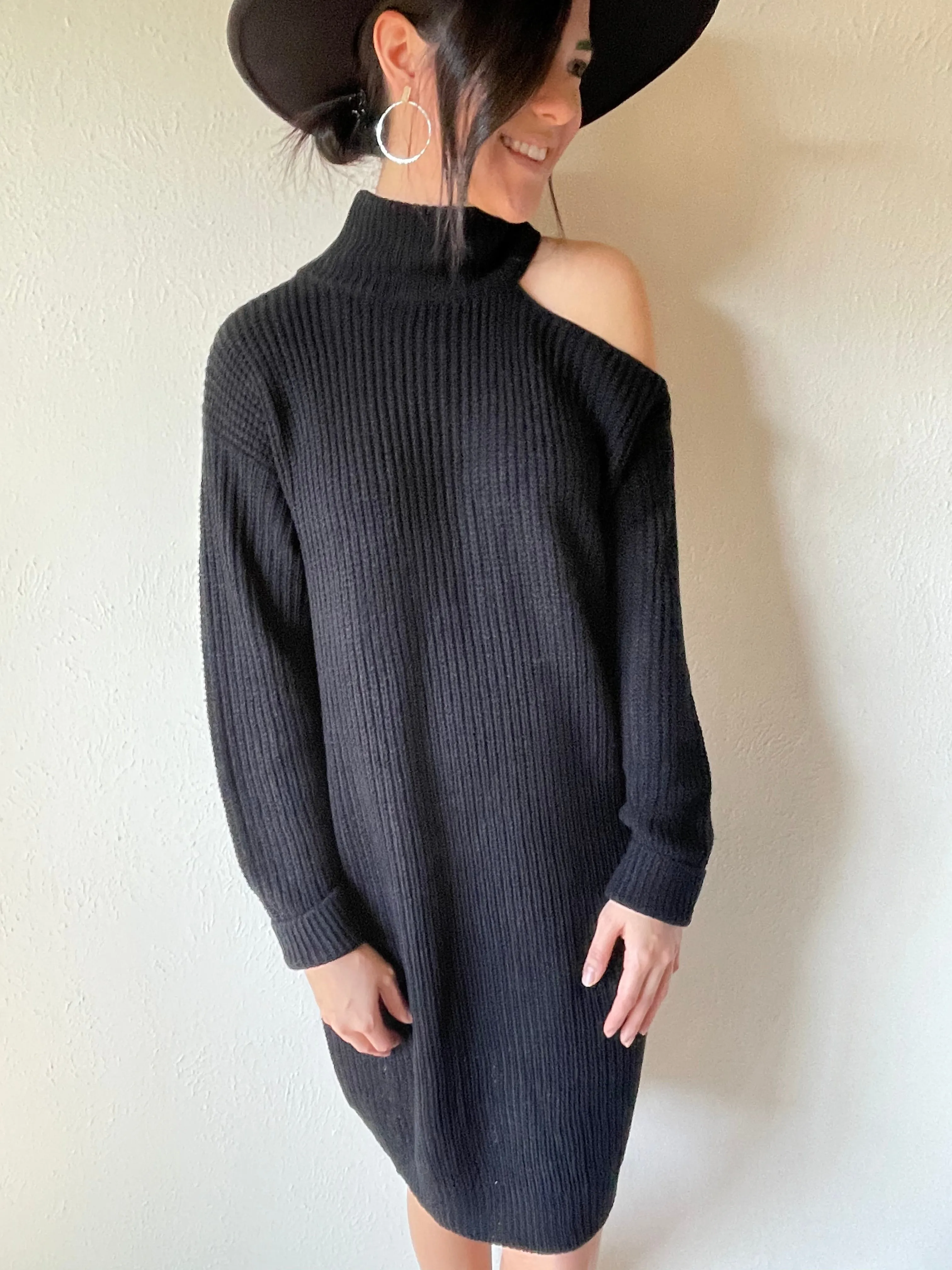 Black One Shoulder Sweater Dress