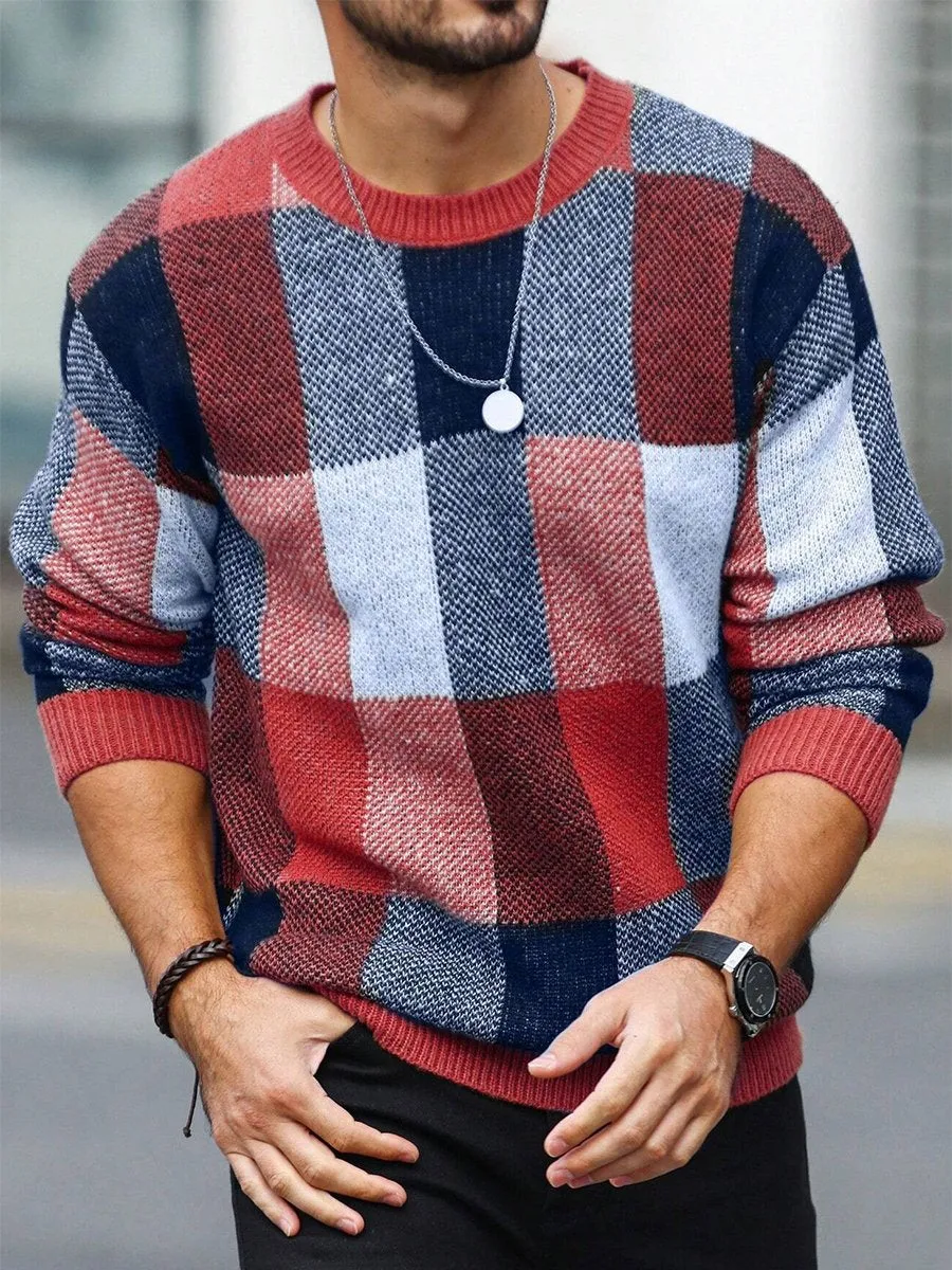 Casual Contrast Color Plaid Round Neck Pullover Sweater