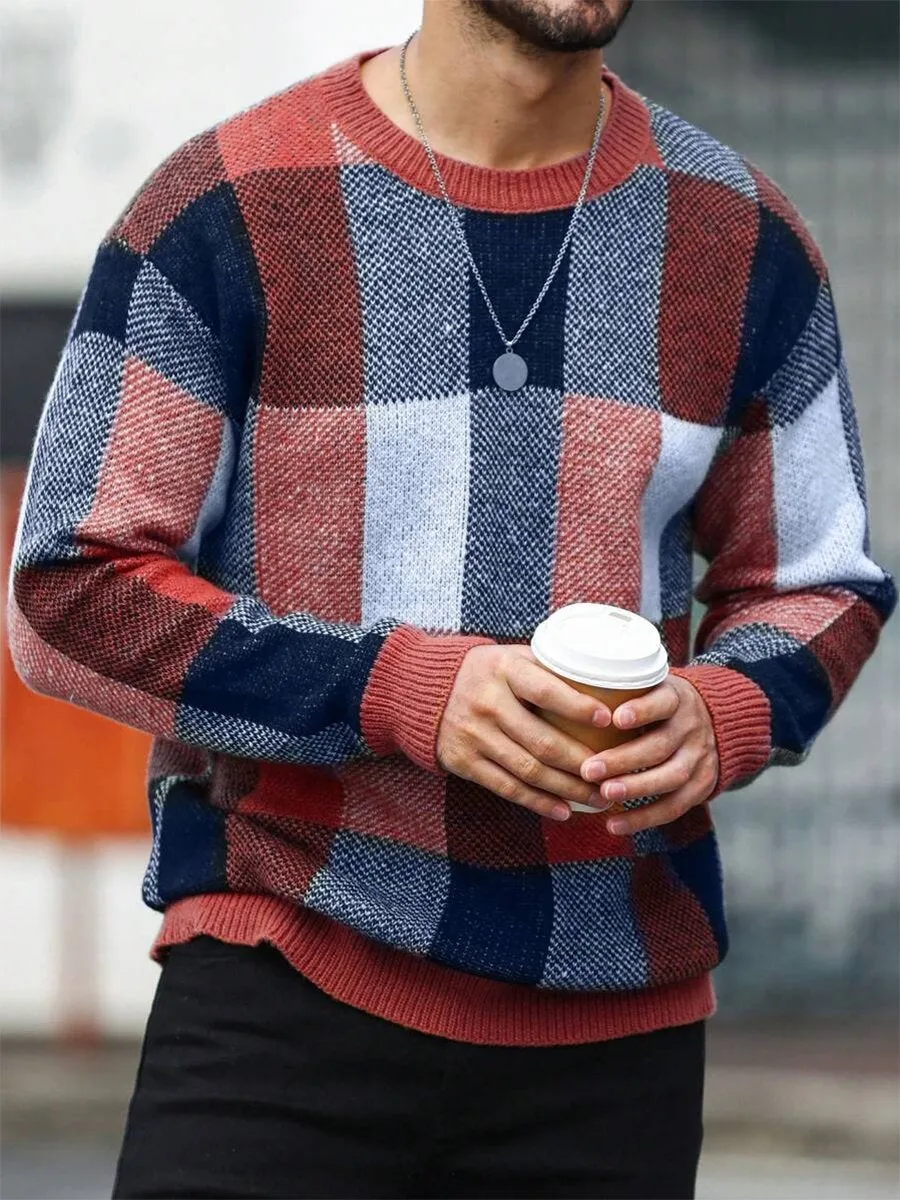 Casual Contrast Color Plaid Round Neck Pullover Sweater