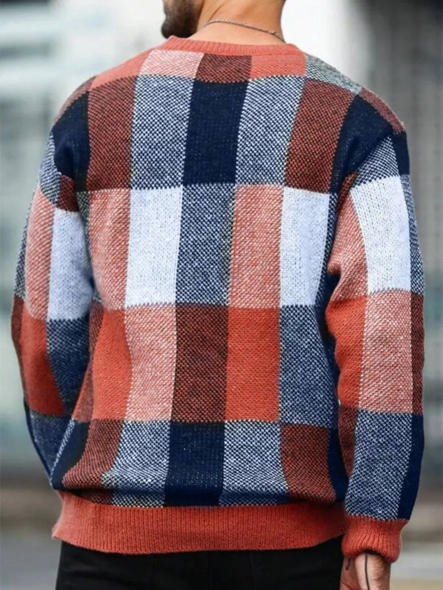 Casual Contrast Color Plaid Round Neck Pullover Sweater