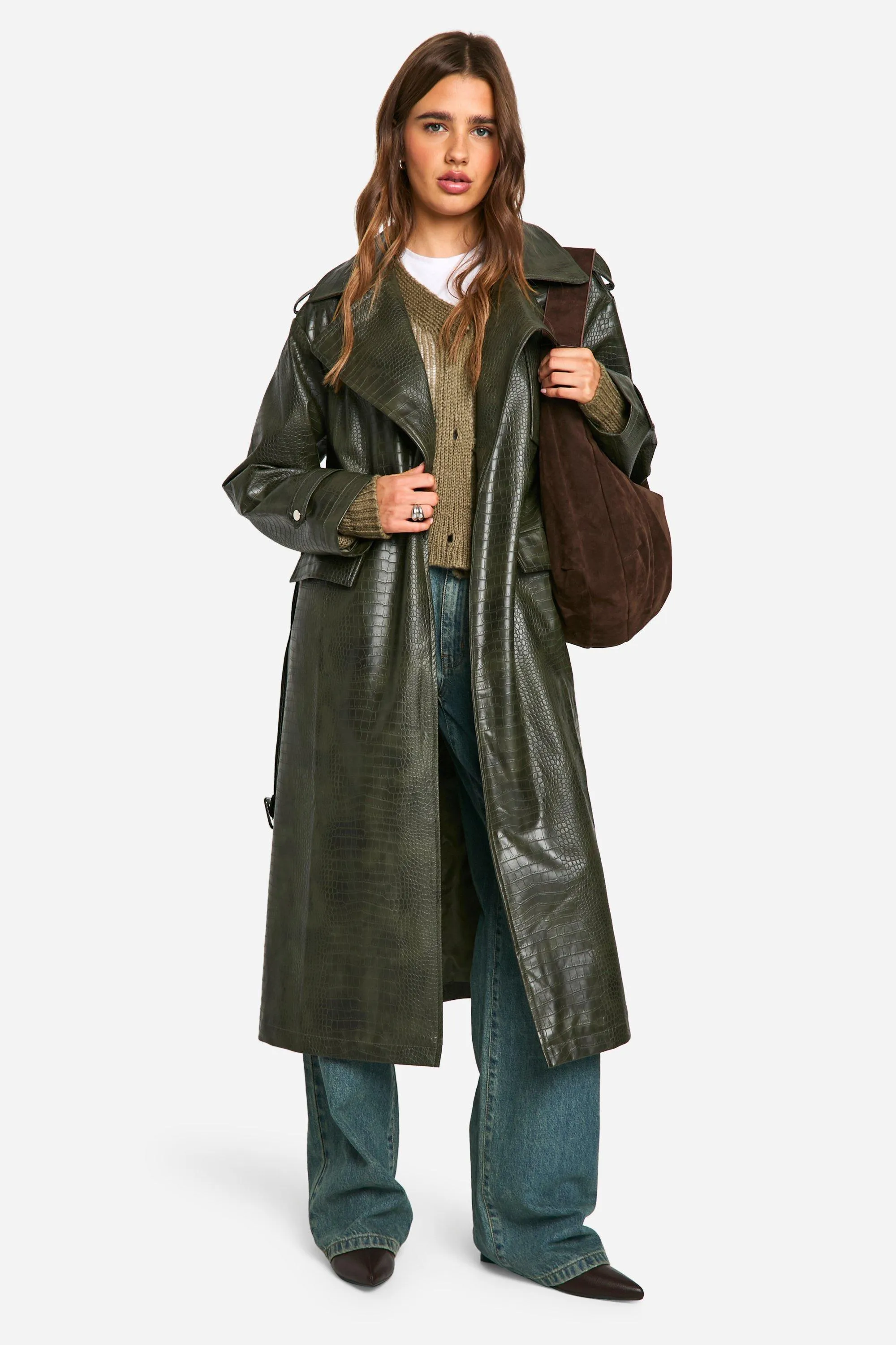 Crocodile Faux Leather Trench Coat