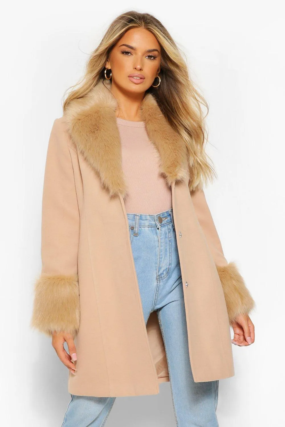 Faux Fur Collar & Cuff Wool Look Coat