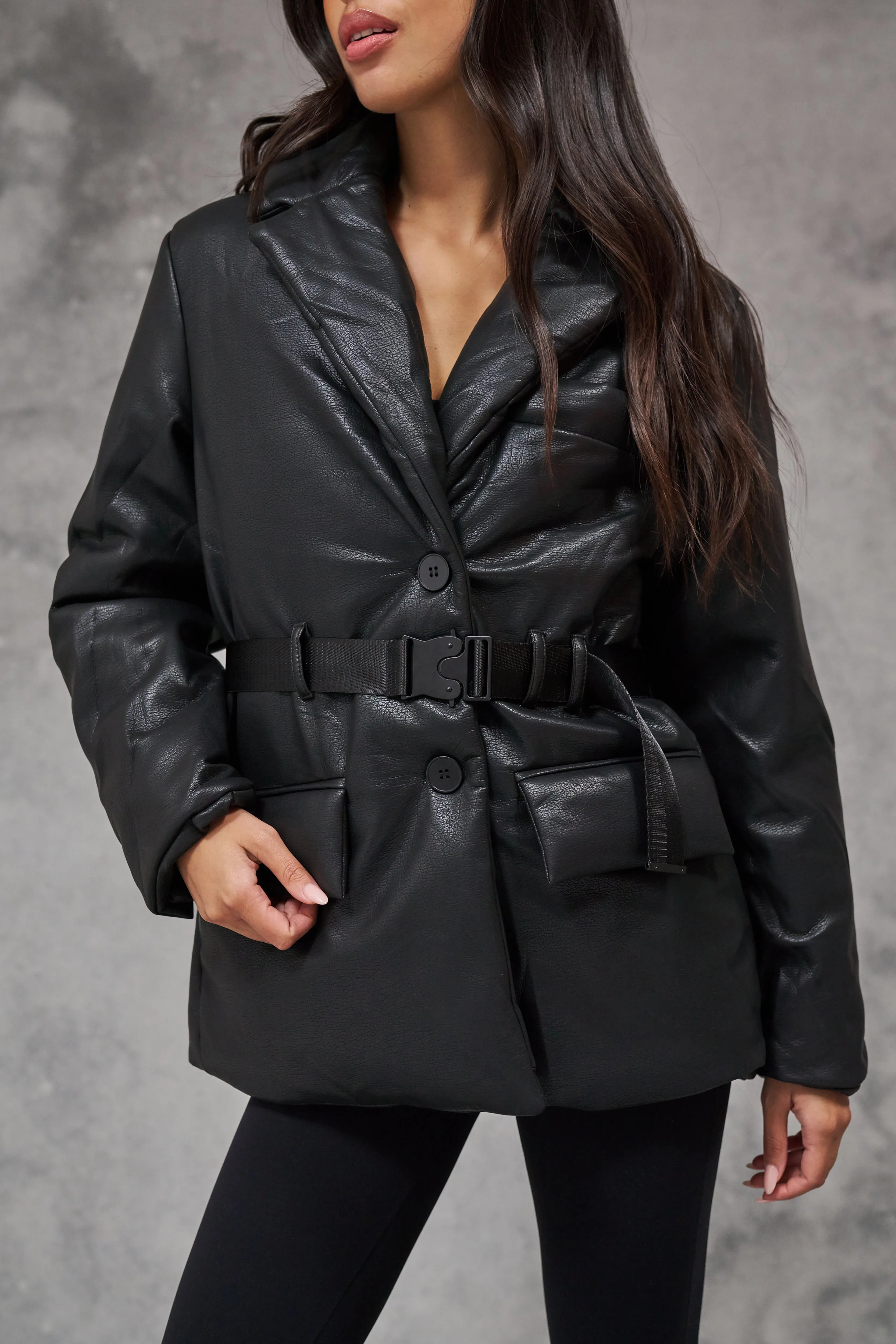 FAUX LEATHER PADDED BLAZER COAT - BLACK