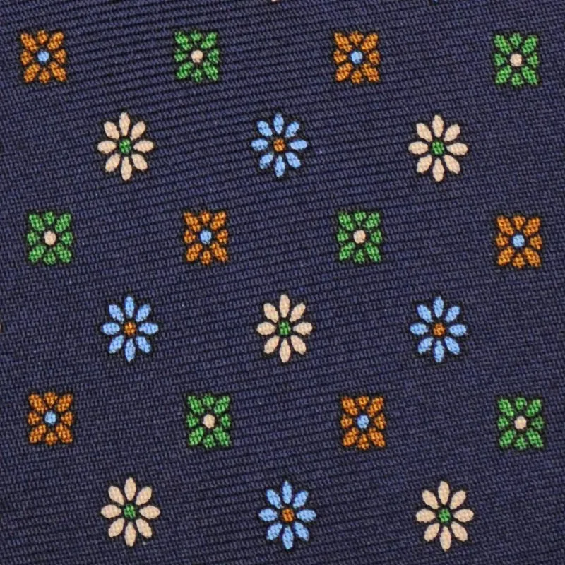 F.Marino Handmade 7-Folds Silk Tie Micro Flowers Navy Blue