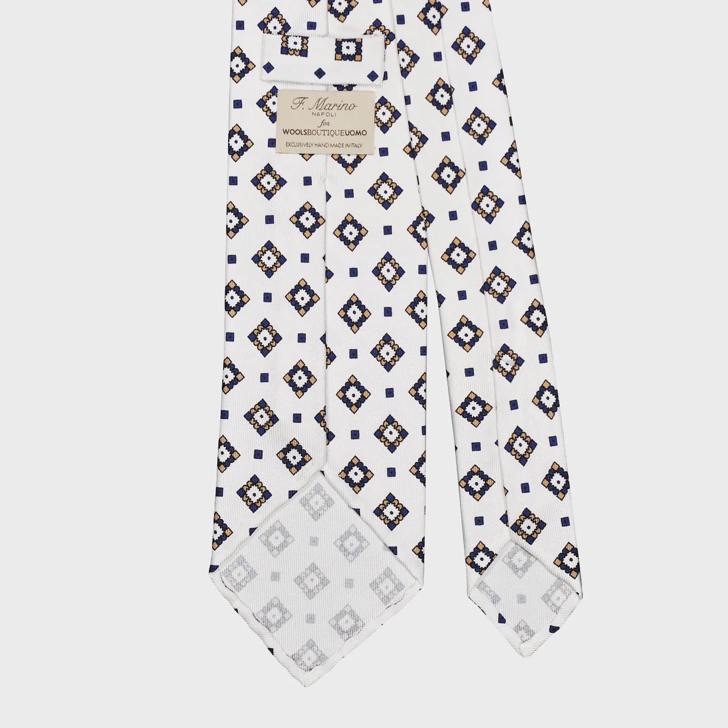 F.Marino Silk Tie 3 Folds Diamonds White