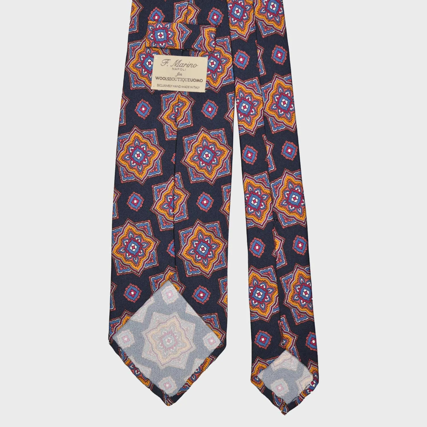 F.Marino Silk Tie 3 Folds Mandala Navy Blue