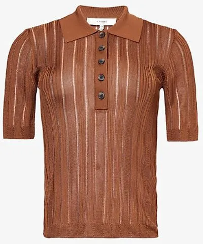 Frame Womens Light Camel Laddered short-sleeve knitted polo shirt