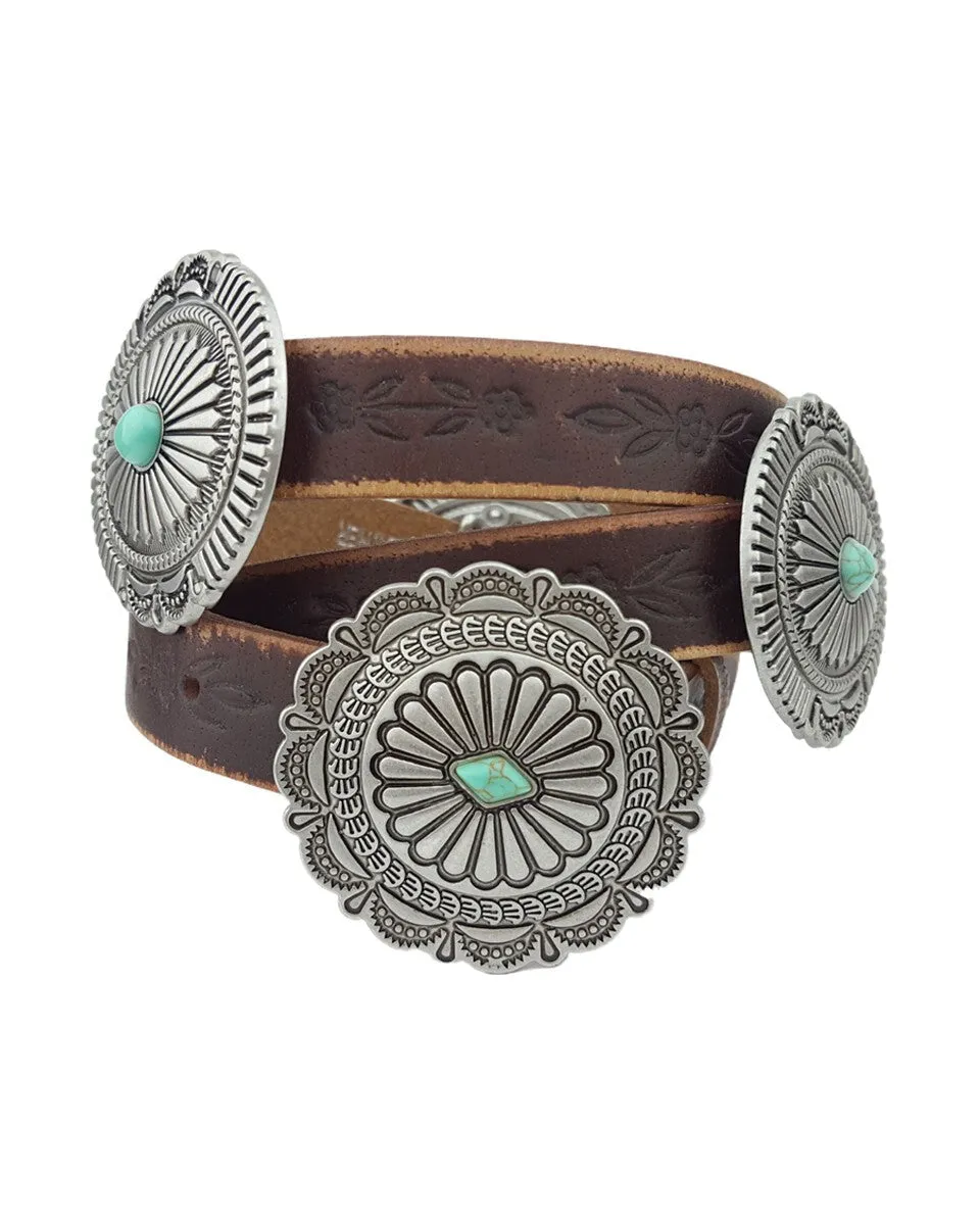 Genuine Distressed Concho Tooled Leather Belt