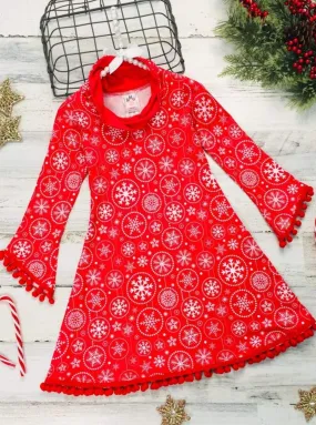 Girls Christmas Themed Long Sleeve Turtleneck A-Line Sweater Dress with Pom Pom Trim