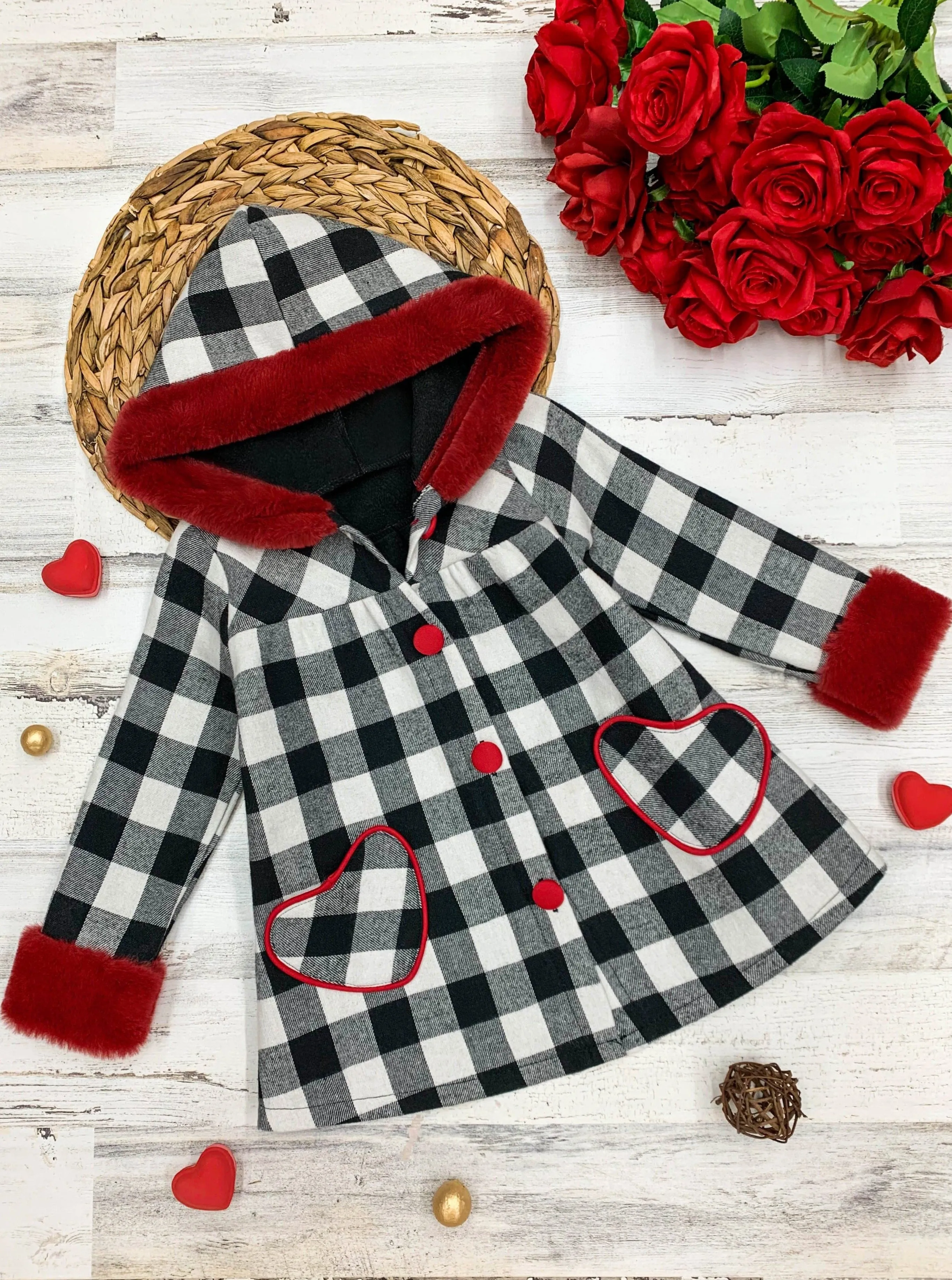 Girls Cozy Love Plaid Coat with Faux Fur Cuffs