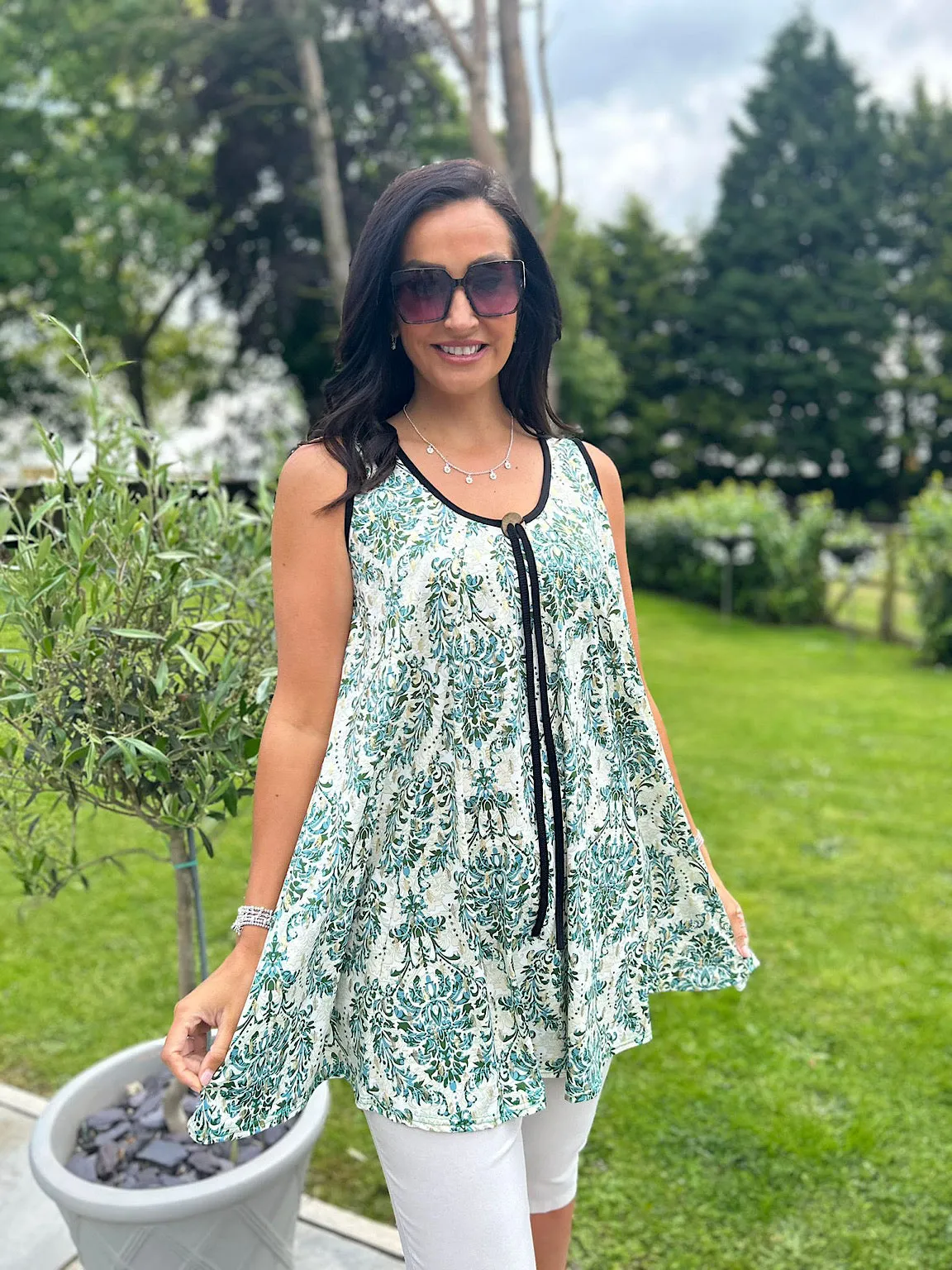 Green Gold Leaf Paisley Patterned Vest Top Ellie