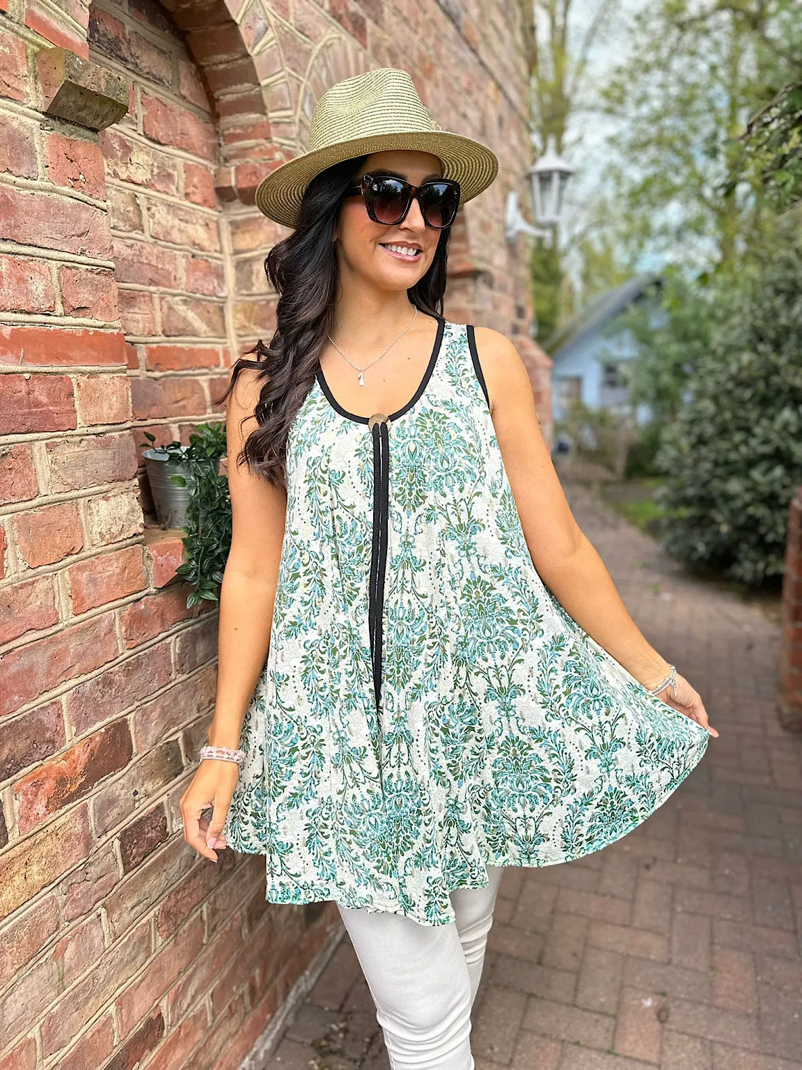 Green Gold Leaf Paisley Patterned Vest Top Ellie