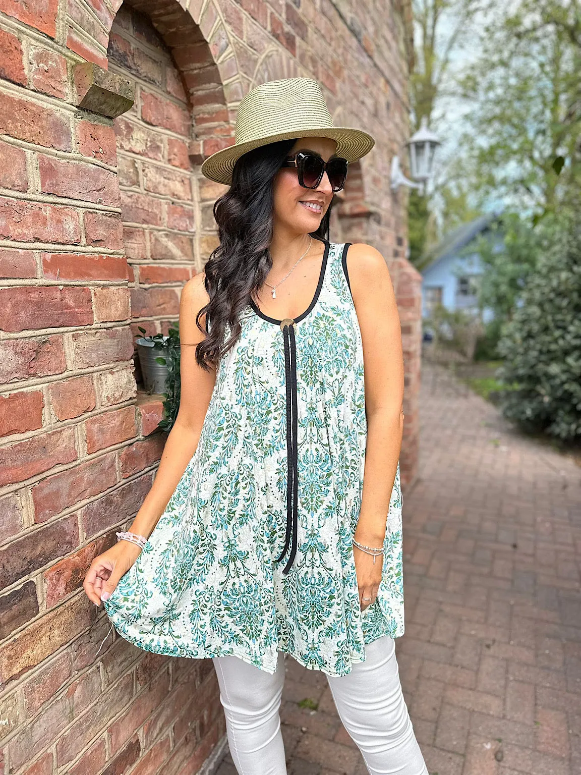 Green Gold Leaf Paisley Patterned Vest Top Ellie