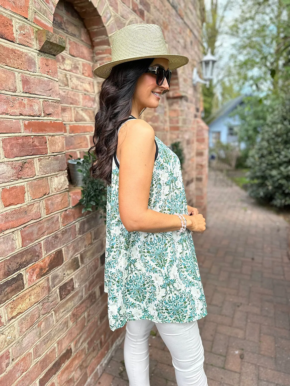 Green Gold Leaf Paisley Patterned Vest Top Ellie