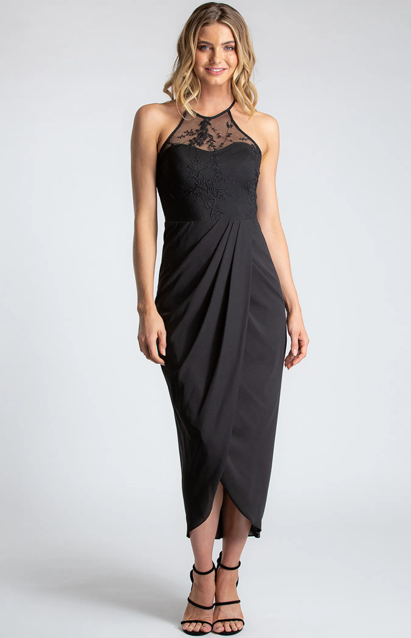 Halter Neckline Lace Contrast Dress with Pleated Detail (ADR916A)