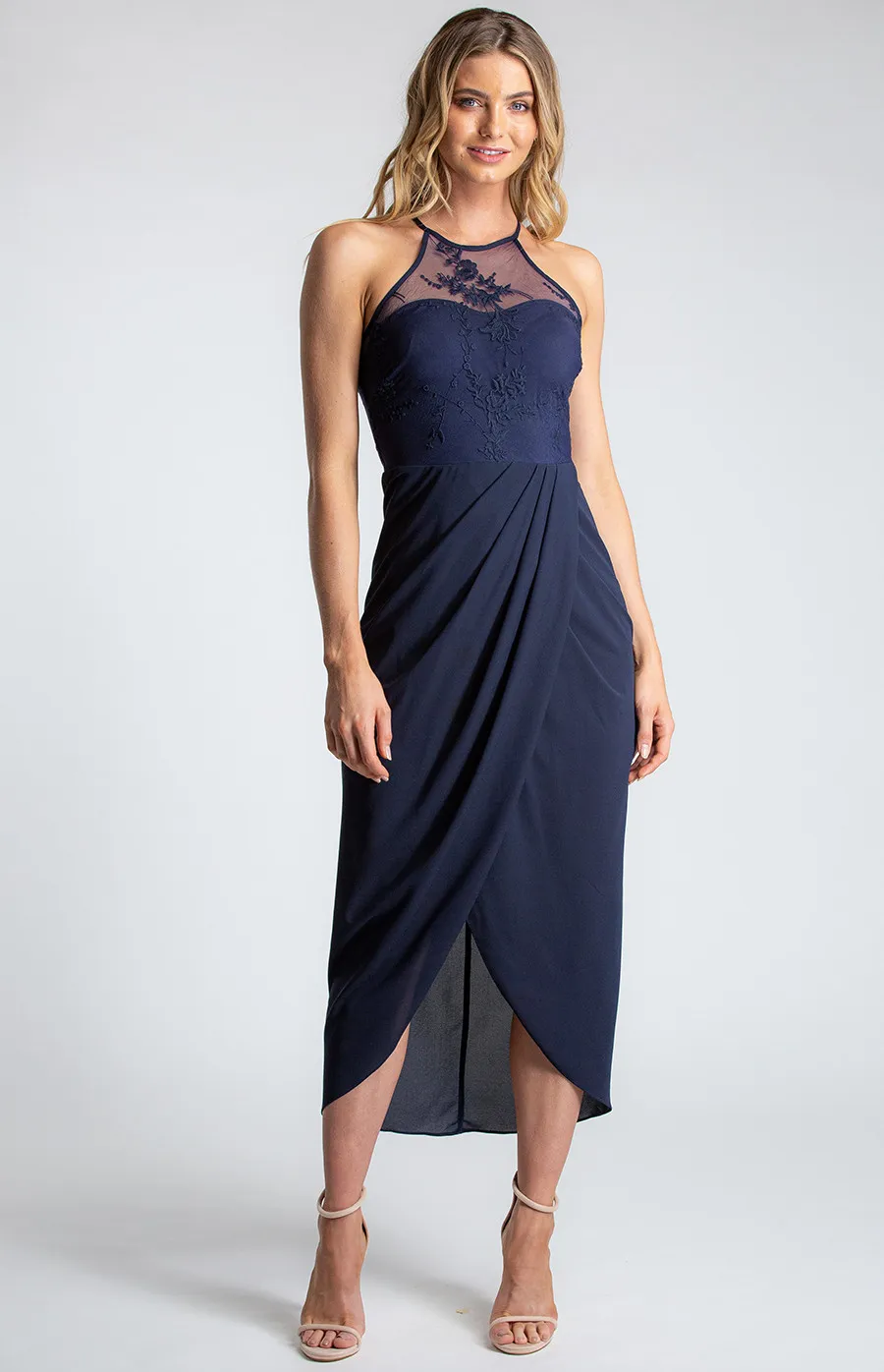 Halter Neckline Lace Contrast Dress with Pleated Detail (ADR916A)