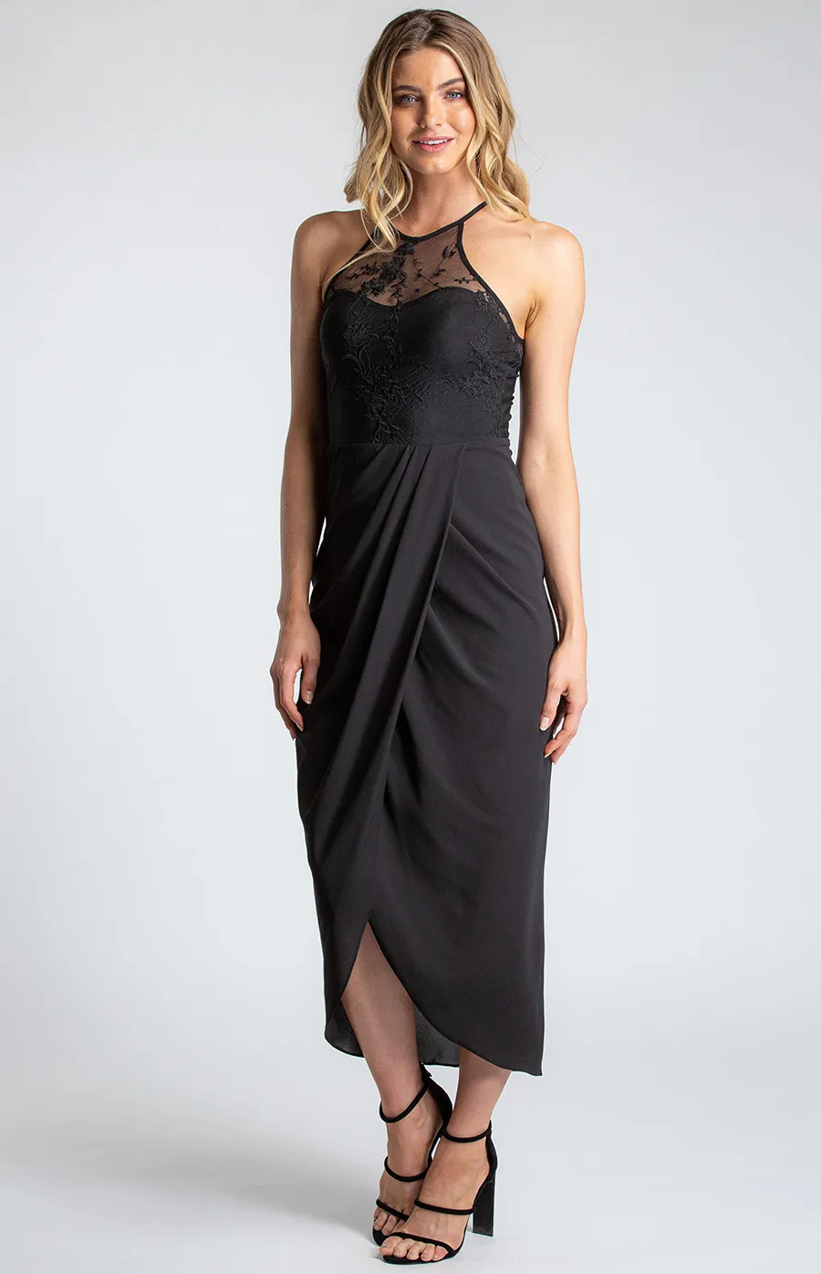 Halter Neckline Lace Contrast Dress with Pleated Detail (ADR916A)