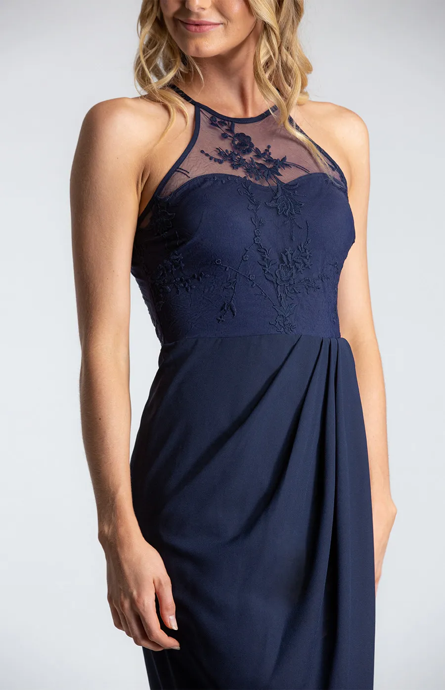 Halter Neckline Lace Contrast Dress with Pleated Detail (ADR916A)