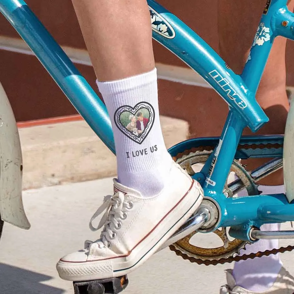 Heart Photo Socks: Customize Your Text and Image in Heart-Shaped Frames on Socks