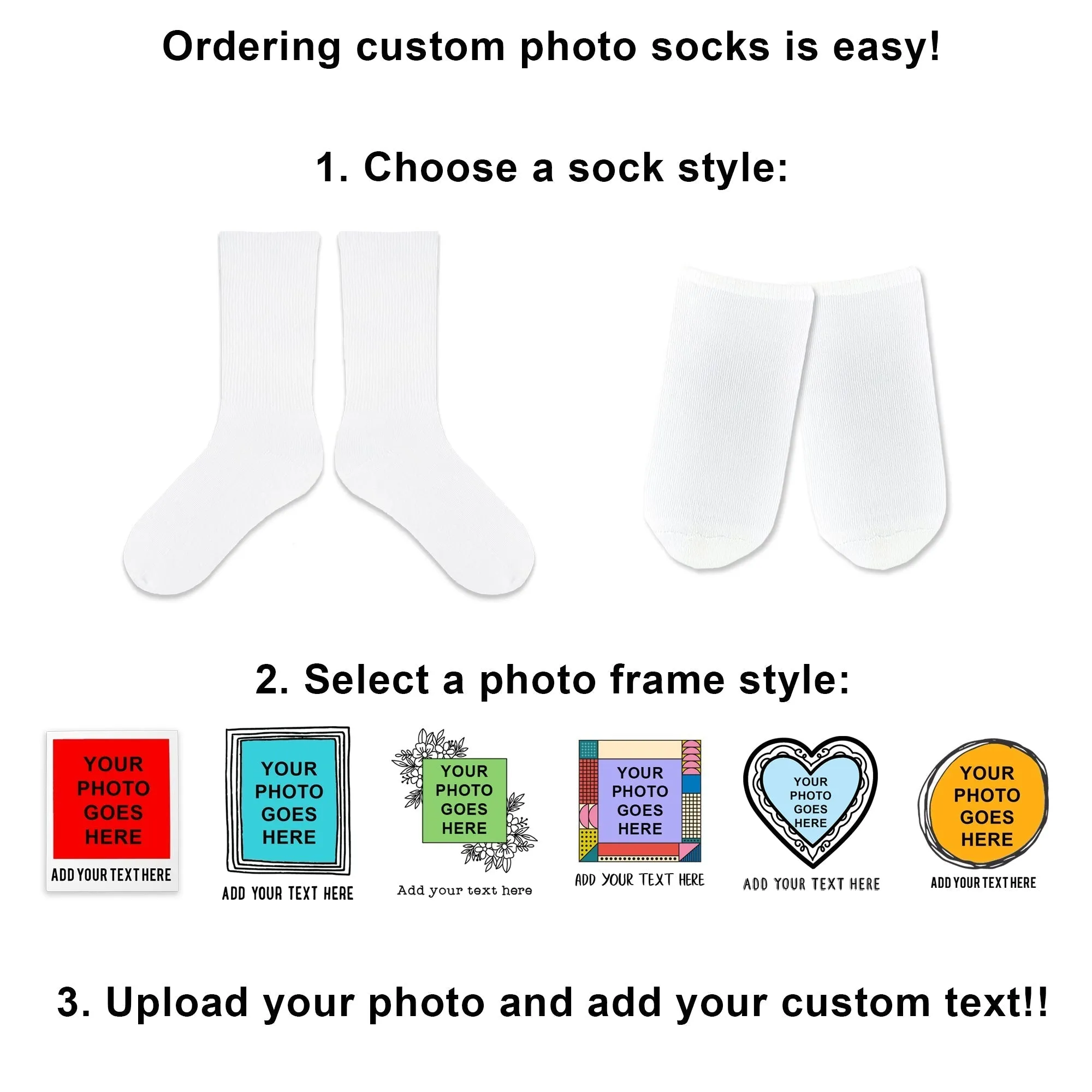 Heart Photo Socks: Customize Your Text and Image in Heart-Shaped Frames on Socks