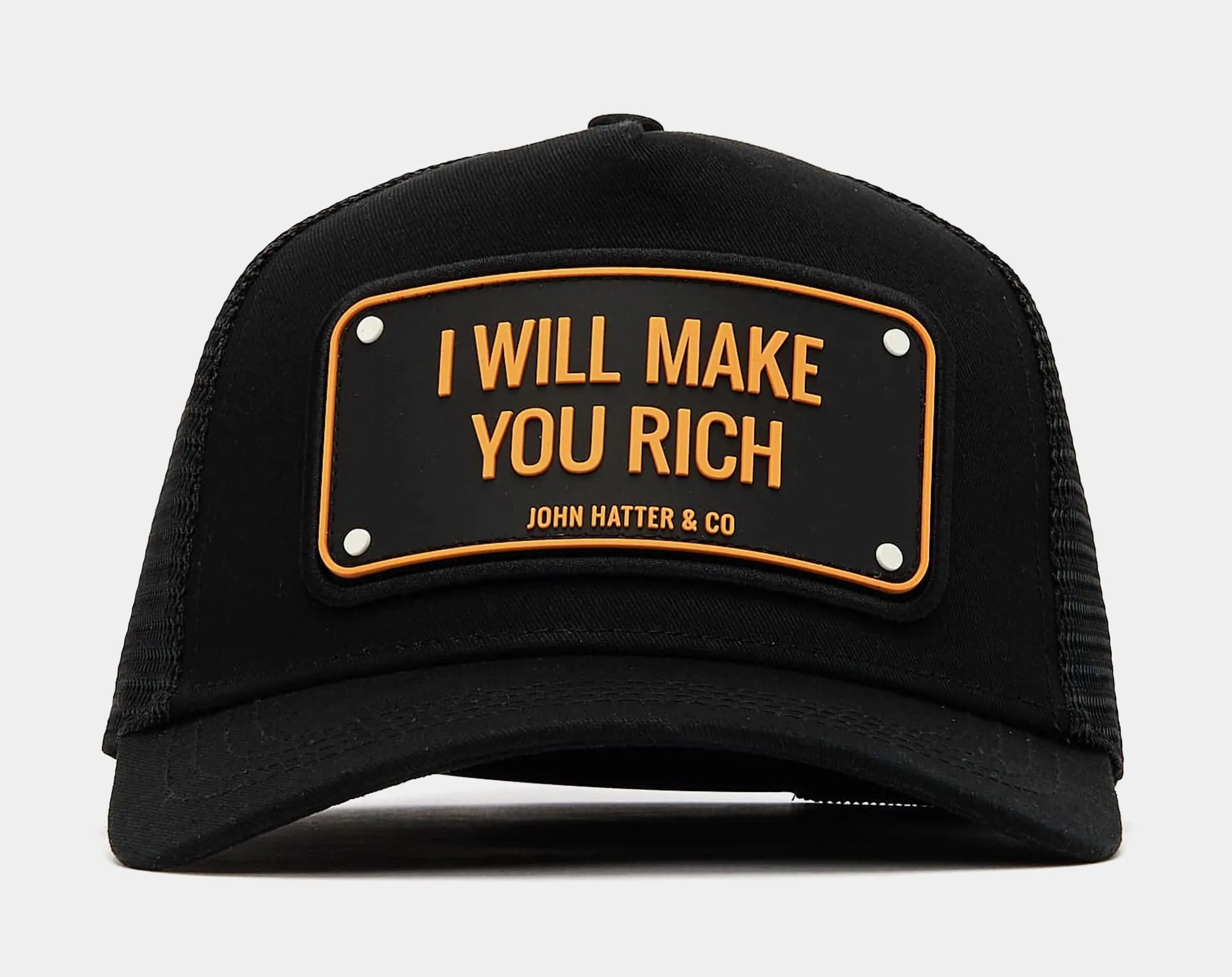 I Will Make You Rich Trucker Mens Hat (Black/Orange)