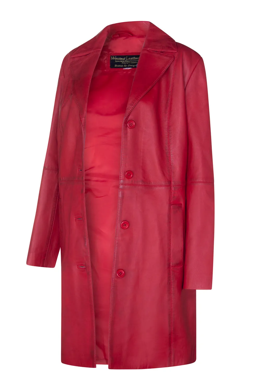 LADIES Red  LEATHER COAT CLASSIC 3/4 KNEE-LENGTH