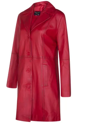 LADIES Red  LEATHER COAT CLASSIC 3/4 KNEE-LENGTH