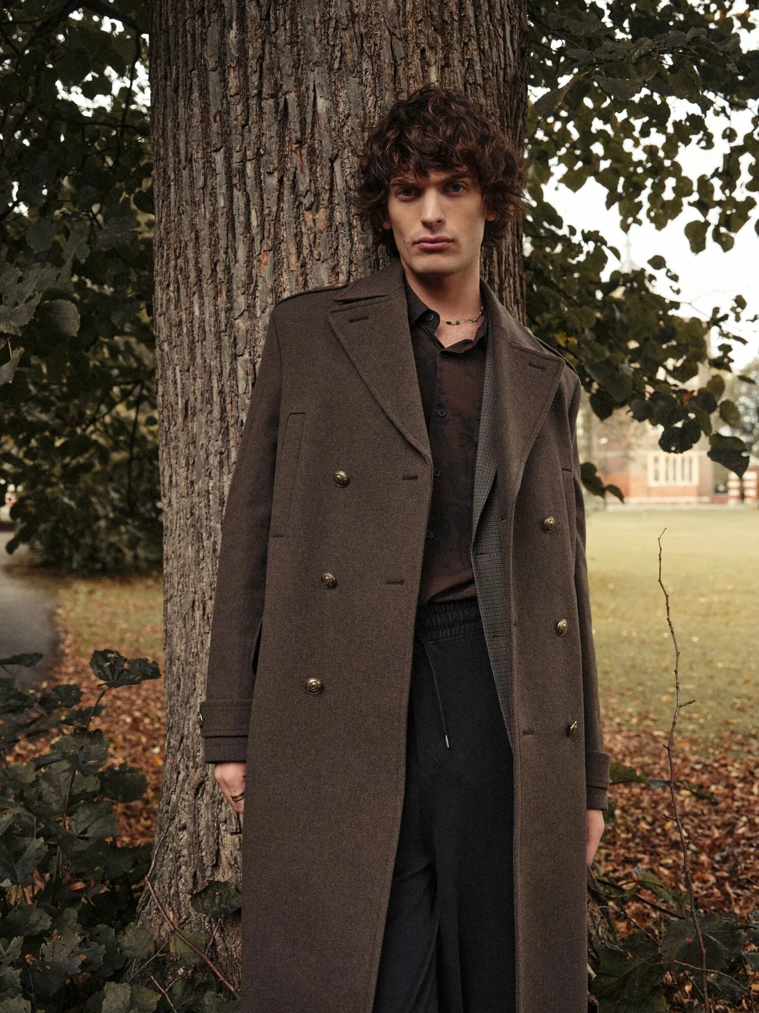 Long khaki officer-style coat