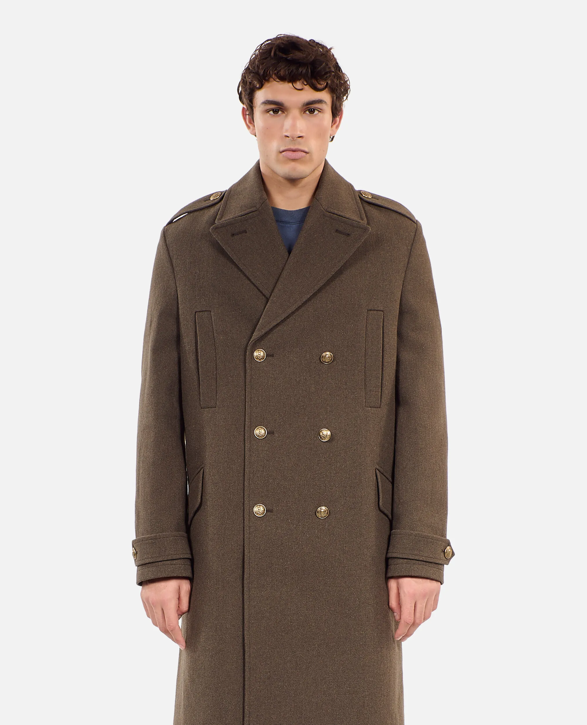 Long khaki officer-style coat