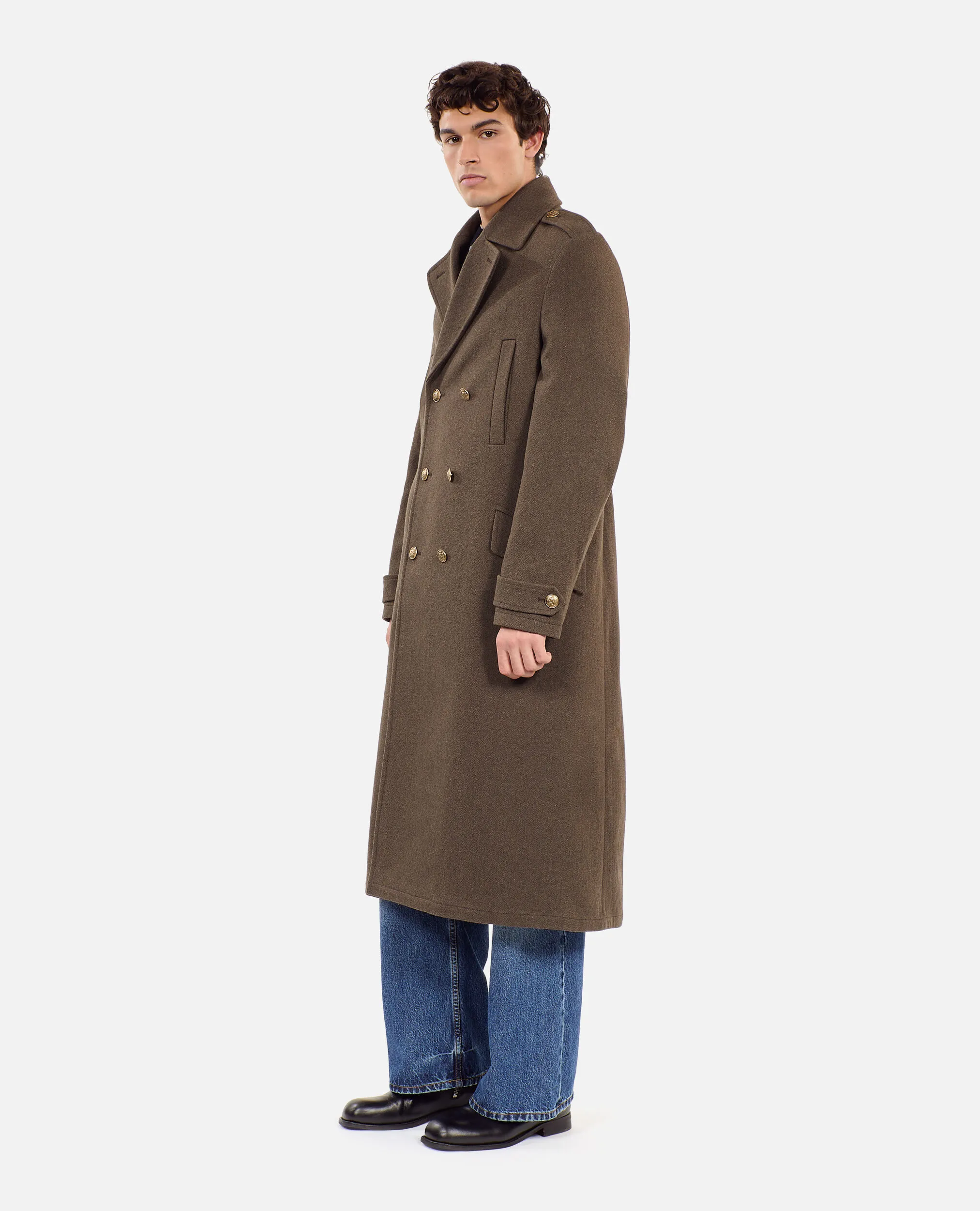 Long khaki officer-style coat