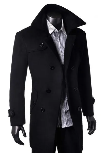 Long Men’s Coat with Double Breast Button Closure - Wool