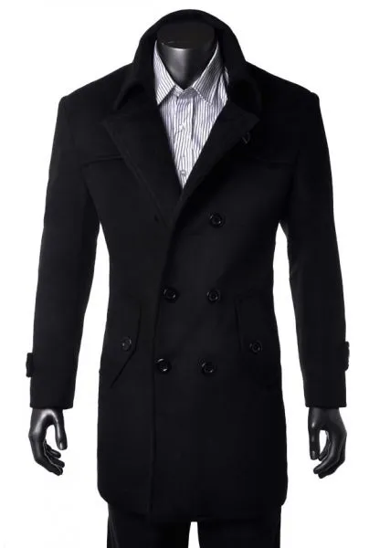 Long Men’s Coat with Double Breast Button Closure - Wool