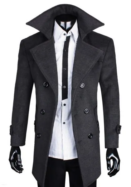 Long Men’s Coat with Double Breast Button Closure - Wool