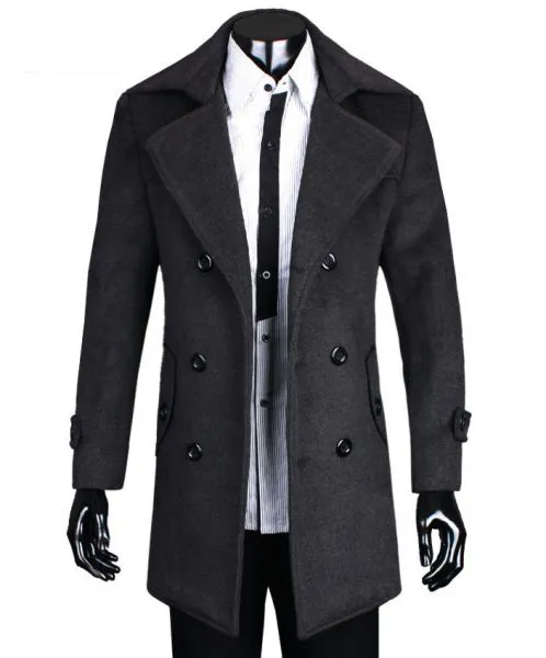 Long Men’s Coat with Double Breast Button Closure - Wool