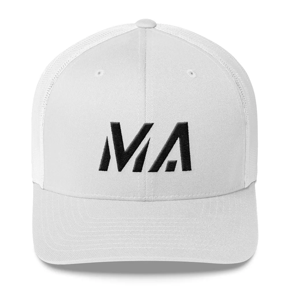 Massachusetts - Mesh Back Trucker Cap - Black Embroidery - MA - Many Hat Color Options Available