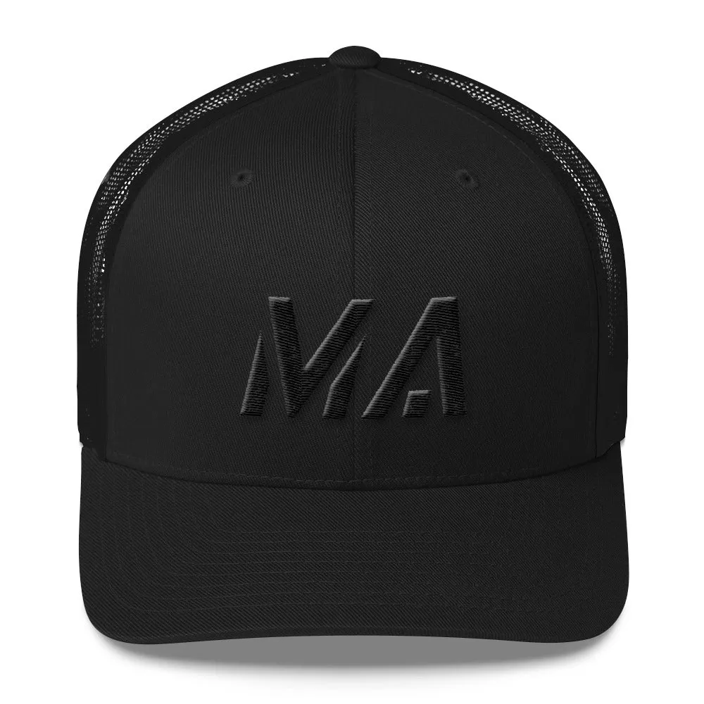 Massachusetts - Mesh Back Trucker Cap - Black Embroidery - MA - Many Hat Color Options Available