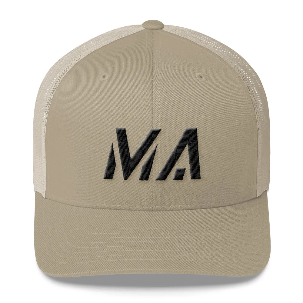 Massachusetts - Mesh Back Trucker Cap - Black Embroidery - MA - Many Hat Color Options Available