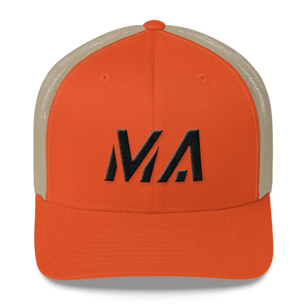 Massachusetts - Mesh Back Trucker Cap - Black Embroidery - MA - Many Hat Color Options Available