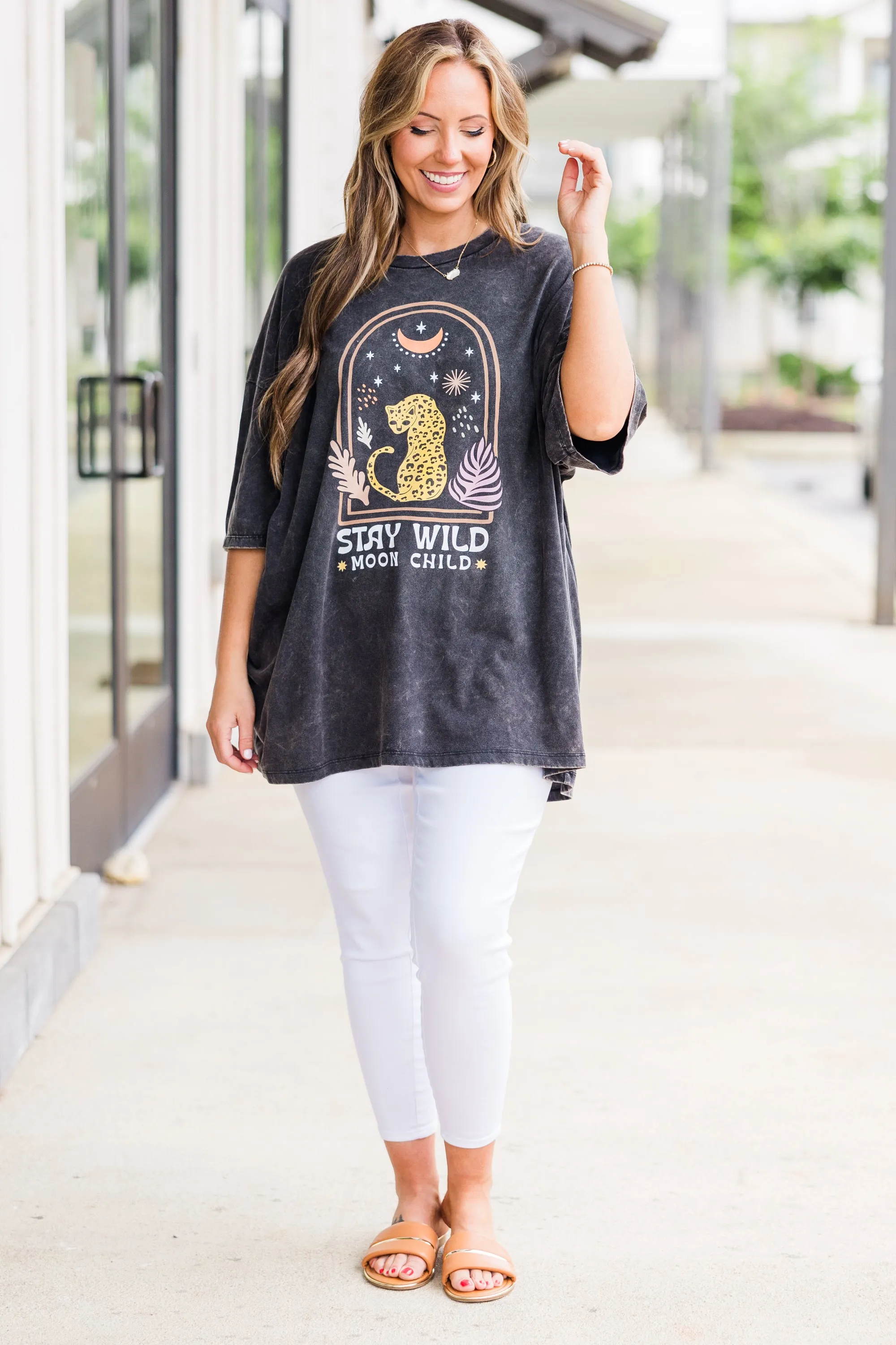 Moon Child Acid Wash Boyfriend Tee, Ash Black