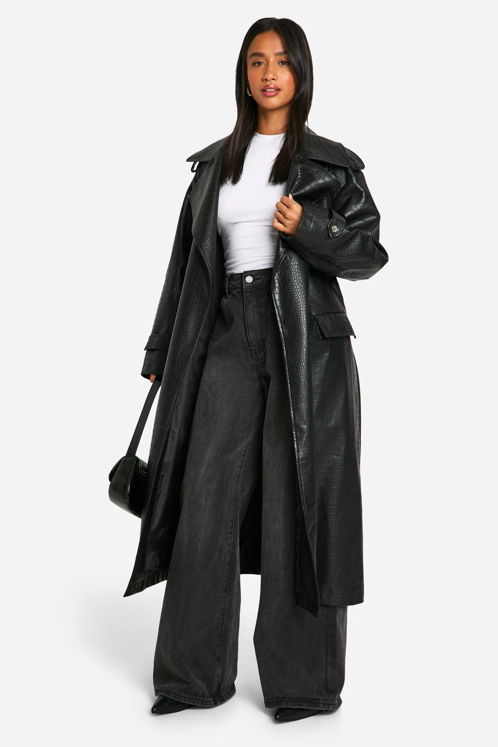 Petite Crocodile Faux Leather Trench Coat