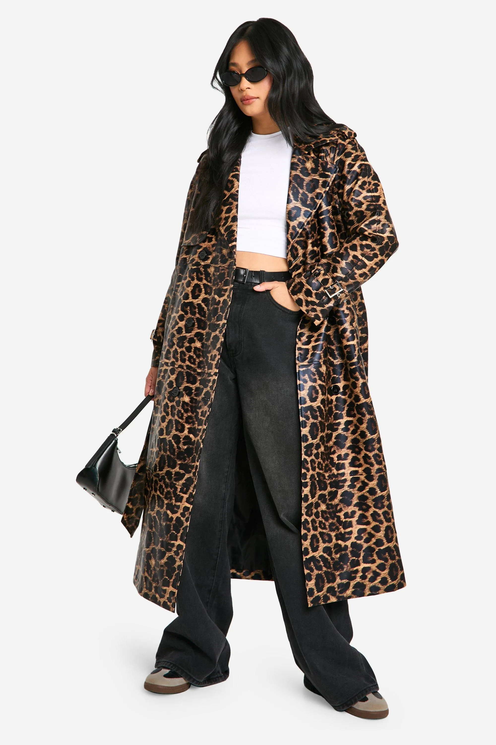 Petite Leopard Faux Leather Trench Coat