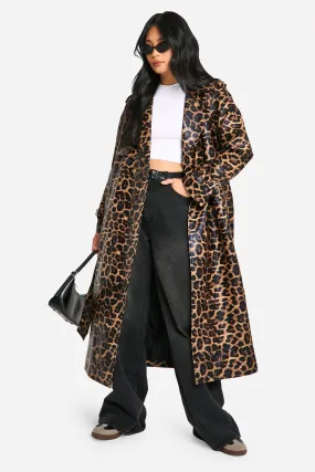 Petite Leopard Faux Leather Trench Coat