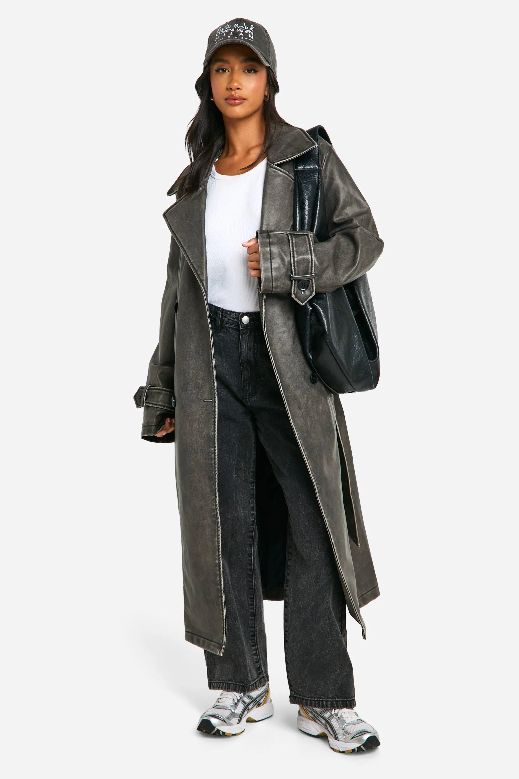 Petite Vintage Look Faux Leather Trench Coat